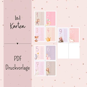 Könnte beinhalten: Druckbare 1x1 Karten mit den Zahlen 1 bis 10 und niedlichen Tierillustrationen. Jede Karte hat einen rosa Hintergrund mit einem anderen Tierdesign. Die Karten sind mit der Nummer und dem Tier beschriftet. Der Text "1x1 Karten" und "PDF Druckvorlage" ist auf der linken Seite des Bildes sichtbar.