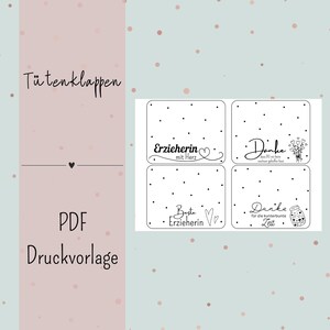 以下が含まれることがあります： 黒と白のドットとテキストが書かれた、印刷可能なギフトバッグタグ4枚。タグには「Erzieherin mit Herz」、「Danke」、「Beste Erzieherin」、「Danke für die bunten Jahre」と書いてあります。