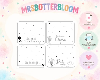 May include: Four rectangular white cards with black polka dots and German text. The cards feature phrases like Alles Liebe zum Muttertag, Für die beste Mama, Schön, dass es dich gibt, and Danke für alles, accompanied by floral and heart illustrations.