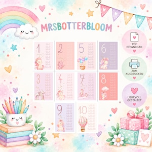 Könnte beinhalten: Ein digitales Lernposter-Set von MRSBOTTERBLOOM mit Einmaleins-Tabellen von 1 bis 10, verziert mit pastellfarbenen Einhörnern, Regenbögen, Wolken und Heißluftballons. Enthält Symbole für PDF-Download und Druckanweisungen.