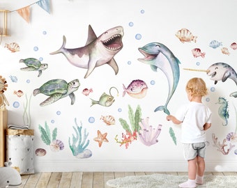Juego de pegatinas XXL, pegatinas de pared de océano para habitación infantil, criaturas marinas, peces, coral, pegatinas de pared para habitación de bebé, autoadhesivas DL868