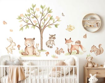 Grandora Wall Decal for Children's Room, Woodland Animals Wall Sticker with Bear, Fox, Rabbit, Tree for Baby Room, Playroom, Wall Sticker Decoration DL5101