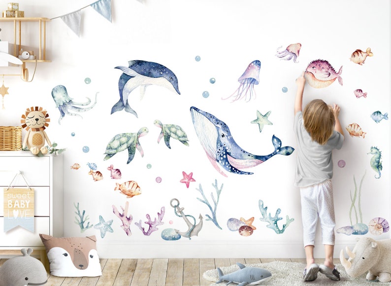 XXL Set Wandtattoo Ozean Wandsticker für Kinderzimmer Meerestiere Fische Babyzimmer Wandaufkleber Deko selbstklebend DL870 zdjęcie 1