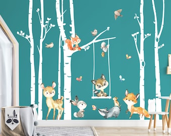 Tatouage mural autocollant mural chambre d'enfant animaux forêt autocollant mural troncs de bouleau décoration murale autocollant salle de jeux bébé mural garçons autocollant DL760