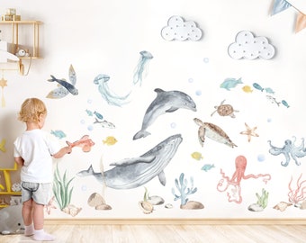 XXL stickers muraux océan mur tatouage pour chambre d'enfant baleine poisson tortue corail salon sticker mural décoration DL869