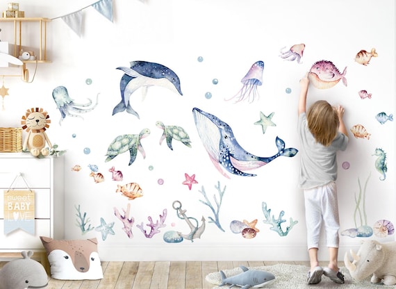 Graz Design - Adesivo da parete con animali marini e animali marini luminosi, fluorescente, per cameretta dei bambini