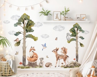 May include: A whimsical wall decal set featuring a forest scene with watercolor illustrations of a fox, deer, squirrel, owl, and birds. The design includes trees, clouds, and mushrooms, creating a charming woodland theme for a nursery or child's room.