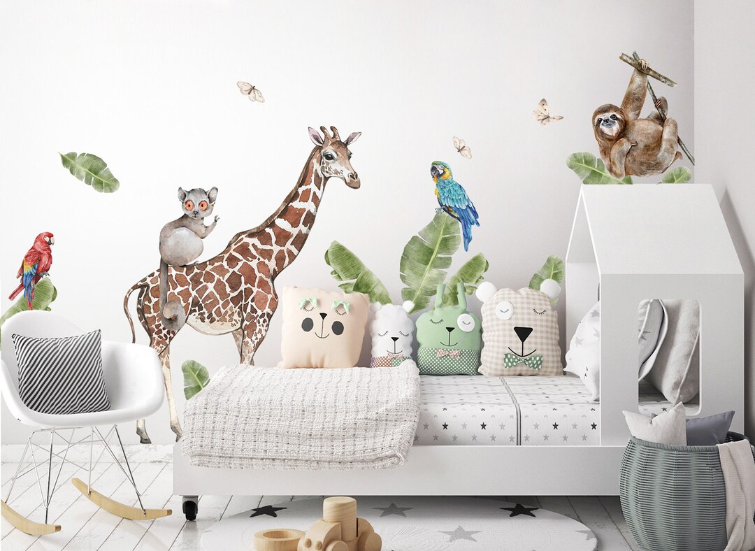 XXL Wall Decal Jungle Animals Giraffe Wall Sticker Safari Leaves ...