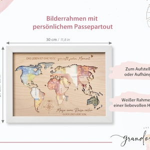 Bilderrahmen Geldgeschenk Weltkarte aus Holz mit Gravur – liebevolles Geschenk für jeden Anlass – 30x21cm Hochzeit Weihnachten XHG1013 imagem 5