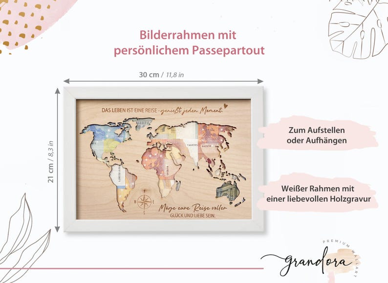 Bilderrahmen Geldgeschenk Weltkarte aus Holz mit Gravur – liebevolles Geschenk für jeden Anlass – 30x21cm Hochzeit Weihnachten XHG1013 imagem 5