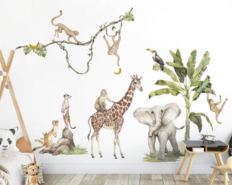 Autocollant mural animaux safari pour chambre d'enfant girafe éléphant toucan autocollant mural pour chambre de bébé décoration autocollant mural durable DL765