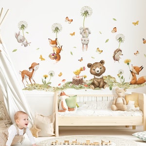 Tatouage mural animaux de la forêt pissenlit autocollant mural pour chambre d'enfant ours lapin renard autocollant mural pour chambre de bébé décoration autocollante DL986 image 1