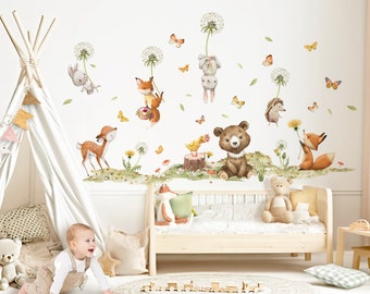 Wandtattoo Waldtiere Löwenzahn Wandsticker für Kinderzimmer Bär Hase Fuchs Wandaufkleber für Babyzimmer selbstklebend Deko DL986