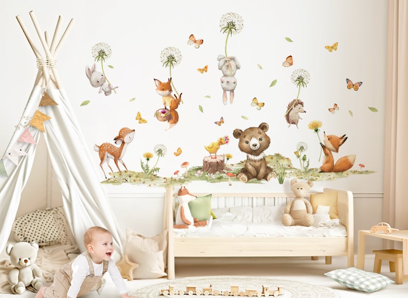 Muurtattoo bosdieren paardenbloem muursticker voor kinderkamer beer konijn vos muursticker voor babykamer zelfklevende decoratie DL986 afbeelding 1