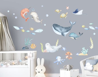 XXL Sticker Set Animaux marins Décalcomanie murale pour chambre d’enfants Underwater World Ocean Wall Sticker pour Baby Room Wall Sticker Décoration Auto-adhésif DL