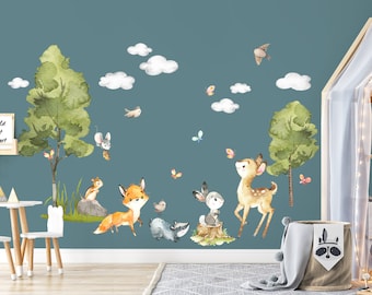 Grandora Forest Animaux Décalcomanie murale pour chambre d’enfants Chambre de bébé Autocollant mural Renard Cerf Arbre Lapin Blaireau Oiseaux Sticker Mur Décoration Murale DL761