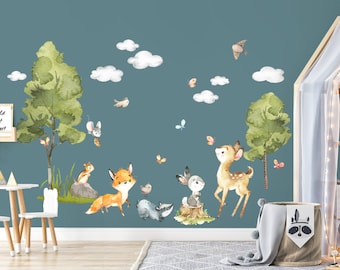 Grandora Woodland Animals Wall Decal for Children's Room, Baby Room, Wall Sticker, Fox, Deer, Tree, Rabbit, Badger, Birds, Wall Sticker, Wall Decor, Wall Mural DL761