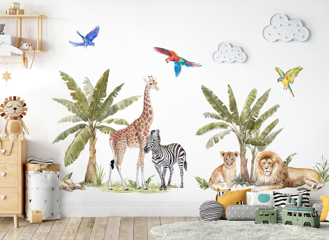 Jungle Animals Wall Stickers Safari Zebra Giraffe Lion Wall Decal for ...
