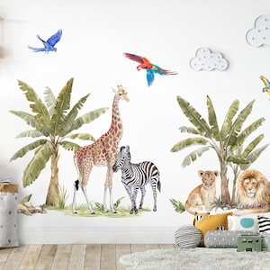 Jungle animals wall stickers safari zebra giraffe lion wall decal for children&#39;s room wall stickers tropical trees baby room decoration DL5123