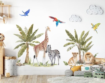 May include: A set of jungle animal wall decals featuring a giraffe, zebra, lion, and lion cub. The decals also include palm trees and tropical birds. The decals are perfect for adding a touch of whimsy to a child's room.