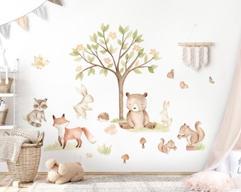 Grandora Wall Stickers for Children's Room, Woodland Animals Wall Decal with Bear, Fox, Rabbit, Tree for Baby Room, Playroom, Wall Sticker Decoration DL853