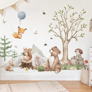XXL Sticker Set Forest Animals Wall Stickers for Children's Room Bear Hedgehog Fox Wall Decal for Baby Room Wall Sticker Decoration Self-Adhesive DL5104