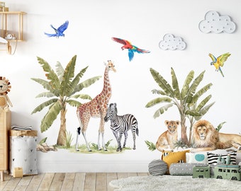 Jungle Animaux Mur Decal Safari Zèbre Girafe Lion Mur Autocollant pour Chambre d’Enfants Autocollant Mur Arbres Tropicaux Bébé Chambre Décoration DL842