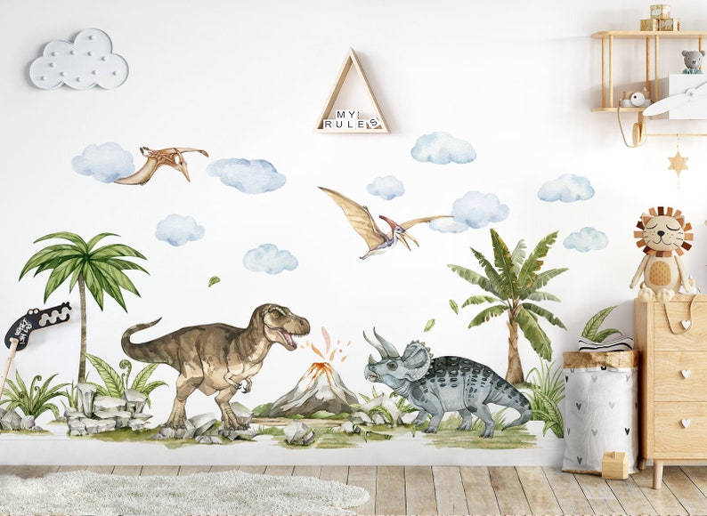 Autocollant mural dinosaure XXL pour chambre d'enfant, autocollant mural animaux du monde jurassique, décoration auto-adhésive DL855 image 1