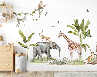 Safari Animals Wall Stickers for Children's Room Giraffe Elephant Monkey Wall Decal for Baby Room Decor Self-Adhesive Wall Stickers DL5124