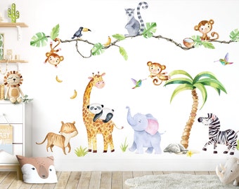 XXL Sticker Set Safari Animaux Décalcomanie Murale pour Nursery Jungle Wall Sticker pour Baby Room Wall Sticker Décoration Auto-adhésif DL769