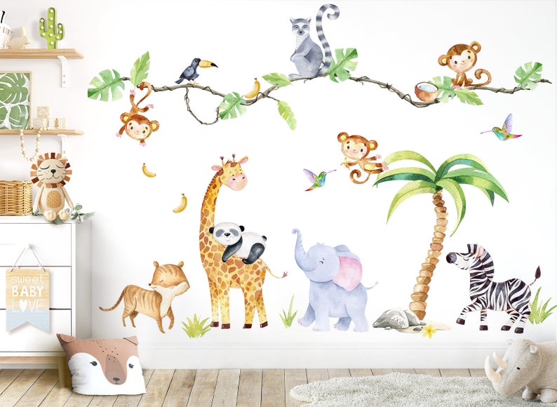 XXL Sticker Set Safari Animaux Décalcomanie Murale pour Nursery Jungle Wall Sticker pour Baby Room Wall Sticker Décoration Auto-adhésif DL769 image 1