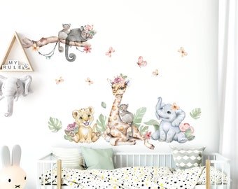 XXL Sticker Set Safari Animaux Décalcomanie Murale pour Nursery Jungle Wall Sticker pour Baby Room Wall Sticker Décoration Auto-adhésif DL852