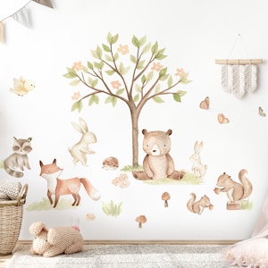 Grandora wall sticker children's room forest animals wall tattoo with bear, fox, rabbit, tree for baby room playroom wall sticker decoration DL853