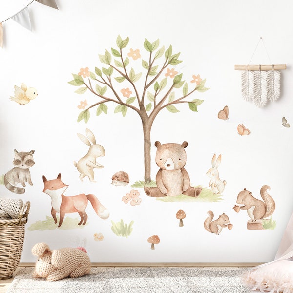 Grandora Wandsticker Kinderzimmer Waldtiere Wandtattoo mit Bär, Fuchs, Hase, Baum für Babyzimmer Spielzimmer Wandaufkleber Deko DL853