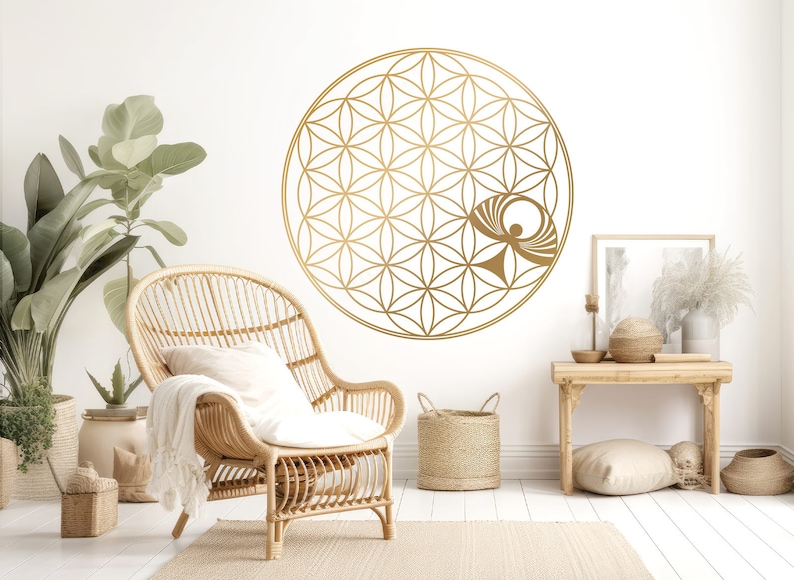 Wandsticker Blume des Lebens Wandtattoo Engel Schlafzimmer gold Wandaufkleber Mandala selbstklebend Deko W5624 image 1