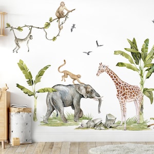 Safari Animals Wall Sticker for Children&#39;s Room Giraffe Elephant Monkeys Wall Stickers for Baby Room Decoration Self-adhesive Wall Stickers Sustainable DL764