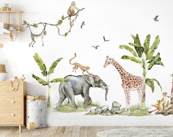 Safari Animals Wall Decal for Children's Room: Giraffe, Elephant, Monkey Wall Stickers for Baby Room Decor, Self-Adhesive Wall Stickers, Sustainable DL764