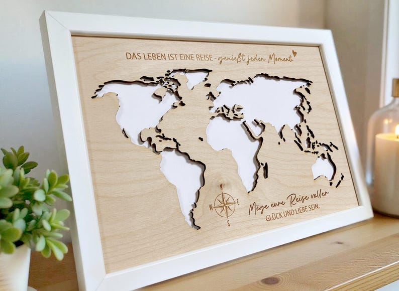 Bilderrahmen Geldgeschenk Weltkarte aus Holz mit Gravur – liebevolles Geschenk für jeden Anlass – 30x21cm Hochzeit Weihnachten XHG1013 imagem 3