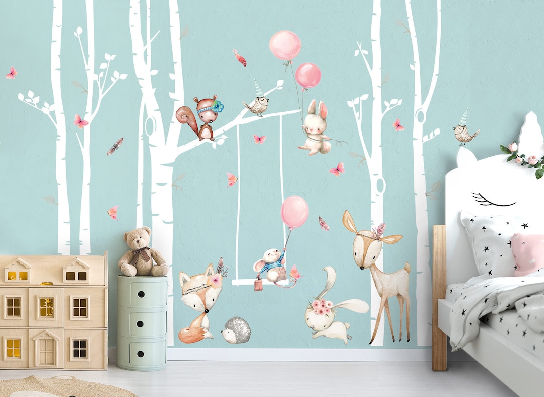 Wandtattoo Kinder Höhenmesser - Wald Tiere Design 78x113cm