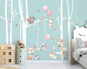 Wall Decal Wall Sticker Children's Room Animals Forest Wall Sticker Birch Trunks Wall Decoration Game Room Baby Mural Girl's Room Sticker DL759