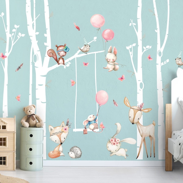 Sticker mural autocollant mural animaux forêt autocollant mural bouleau malles décoration murale salle de jeux bébé murale autocollant de chambre de fille DL759