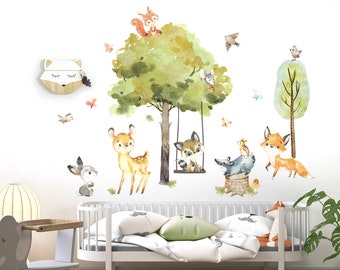 Wandtattoo Wandsticker Kinderzimmer Tiere Wald Wandaufkleber Bäume Wanddeko Sticker Spielzimmer selbstklebend Baby Wandbild Aufkleber DL762