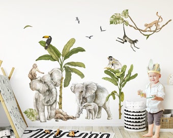 Safari Animals Wall Decal per la stanza dei bambini Elephant Monkeys Tucano Adesivo murale per la decorazione della stanza del bambino Adesivo murale autoadesivo sostenibile DL770