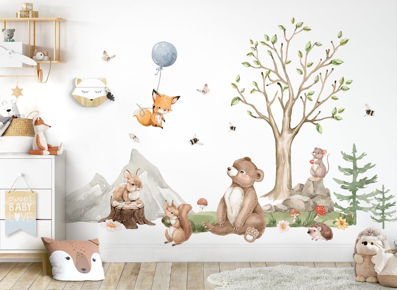 XXL Sticker Set Waldtiere Wandtattoo für Kinderzimmer Bär Igel Fuchs Wandsticker für Babyzimmer Wandaufkleber Deko selbstklebend DL797 Bild 1