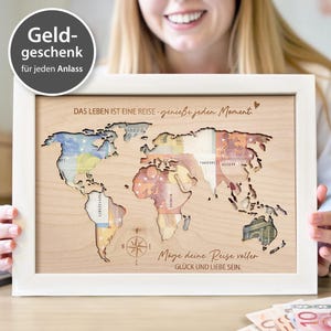 Fotolijst geld cadeau wereldkaart van hout met gravure – liefdevol cadeau voor elke gelegenheid – 30 x 21 cm verjaardag Kerstmis XHG1007