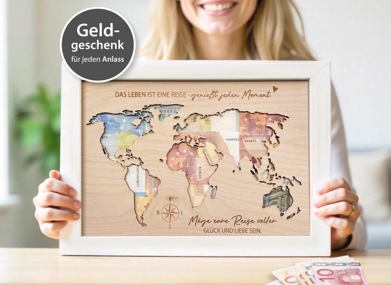 Bilderrahmen Geldgeschenk Weltkarte aus Holz mit Gravur – liebevolles Geschenk für jeden Anlass – 30x21cm Hochzeit Weihnachten XHG1013 imagem 1