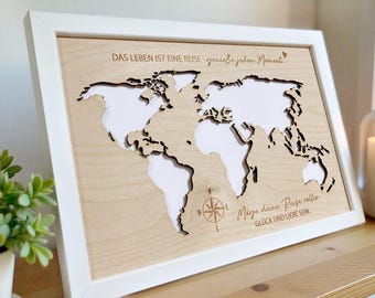 Photo Frame Money Gift World Map Made of Wood With Engraving