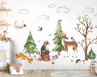 Set di adesivi XXL adesivi da parete animali della foresta per la cameretta dei bambini cervo procione topo adesivo da parete per la cameretta del bambino adesivo da parete decorazione autoadesiva DL796