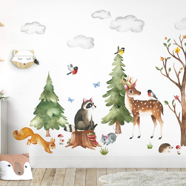 XXL Sticker Set Waldtiere Wandtattoo für Kinderzimmer Reh Waschbär Maus Wandsticker für Babyzimmer Wandaufkleber Deko selbstklebend DL796