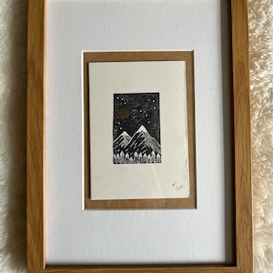 Handmade moonlit mountains original A6 lino print | relief print | original art | gift idea